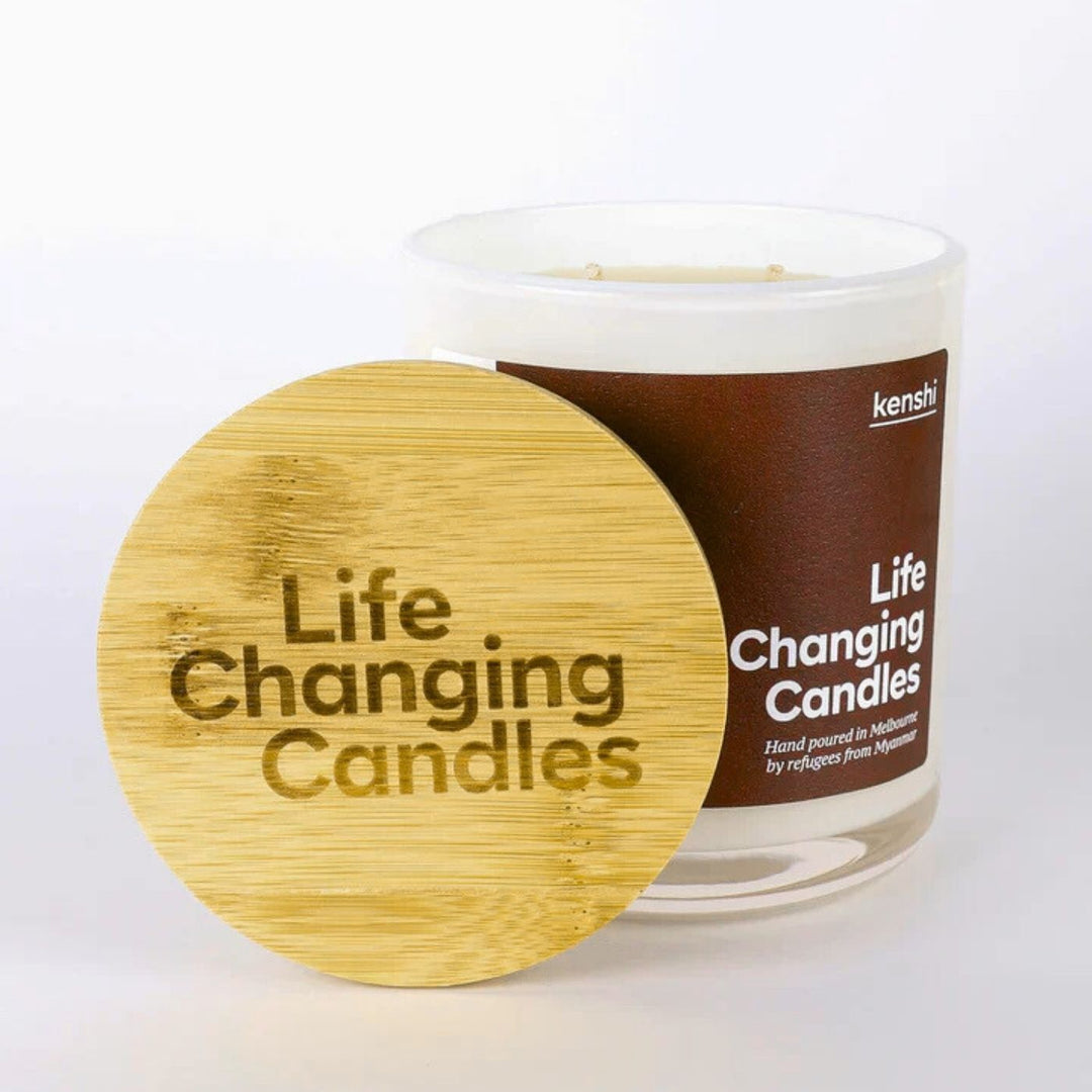Kenshi Cardamom and Tobacco Soy Candle. Hand-poured in Australia by refugees, Kenshi Candles fund 8 meals with every purchase—ethical, beautifully scented candles that make a real impact.