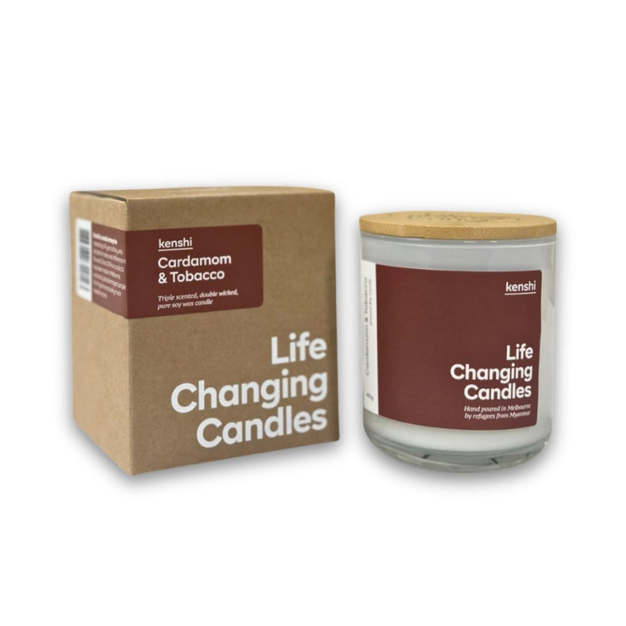 Kenshi Cardamom and Tobacco Soy Candle – ethical Australian-made scented candle hand-poured by refugees. Eco-friendly gift idea that supports social enterprise and funds 8 meals with every purchase. Perfect natural soy candle for home fragrance lovers.