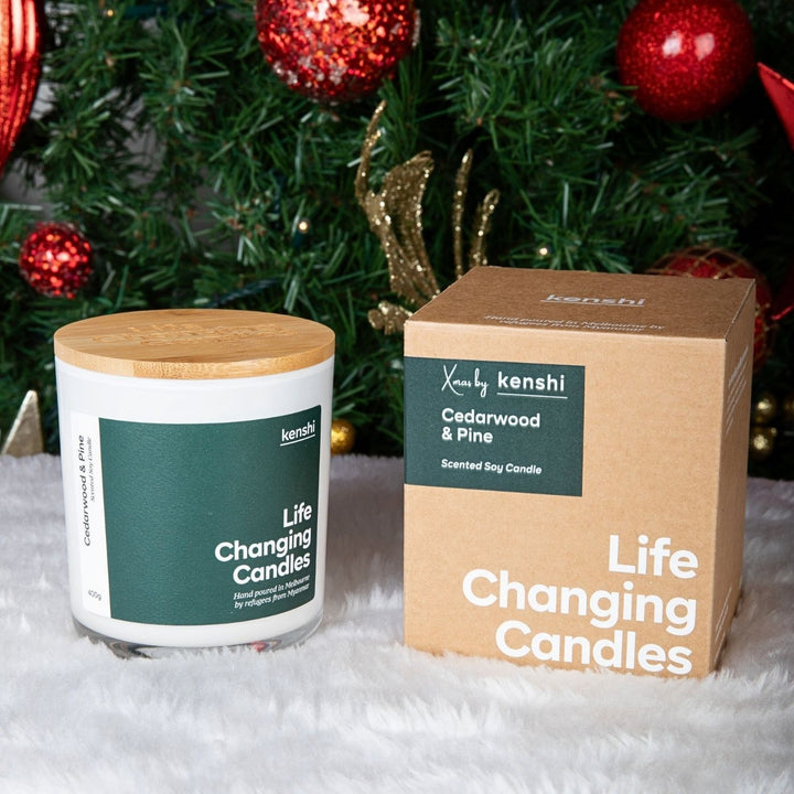 Kenshi Cedarwood and Pine Soy Candle. Hand-poured in Australia by refugees, Kenshi Candles fund 8 meals with every purchase—ethical, beautifully scented candles that make a real impact.