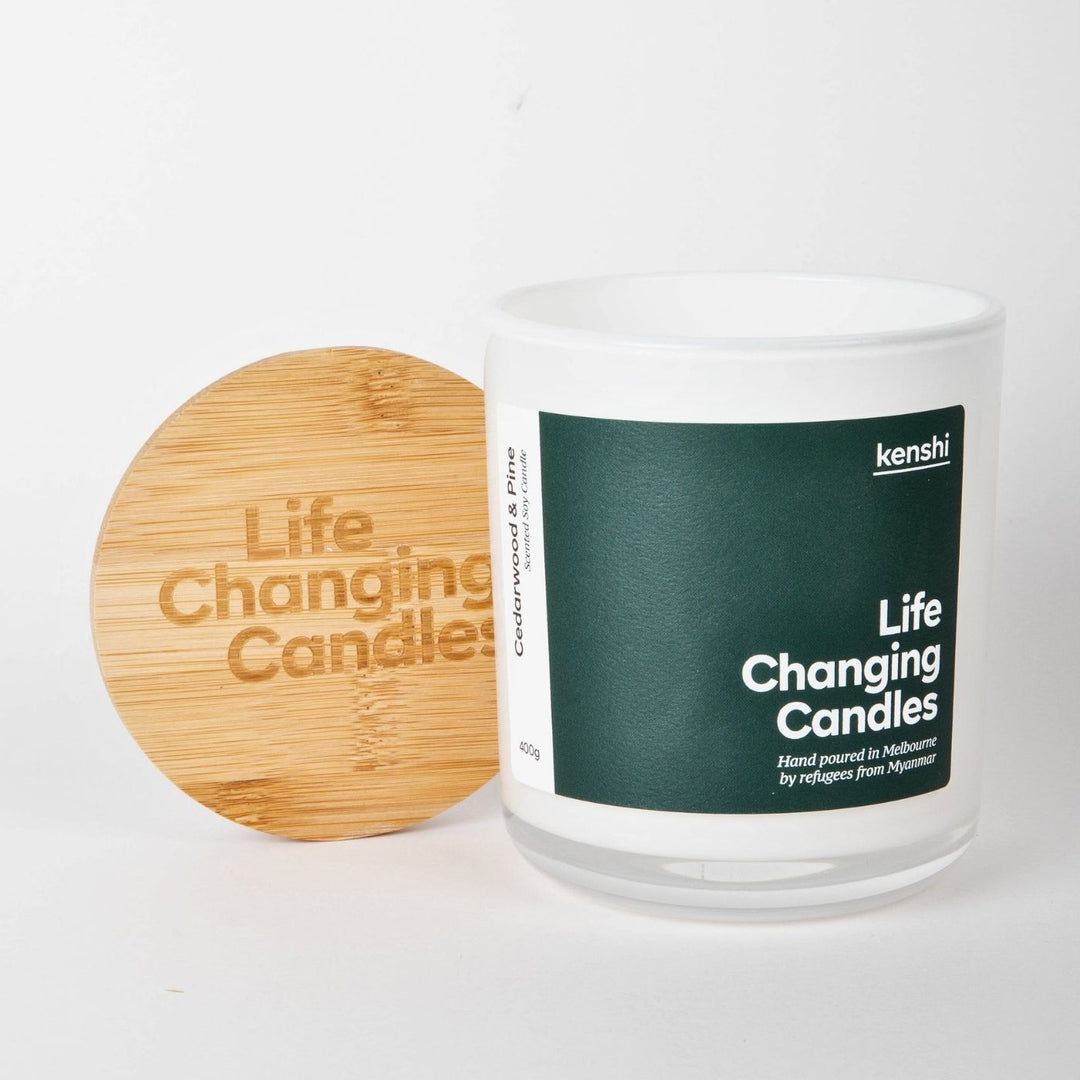 Kenshi Cedarwood and Pine Soy Candle. Hand-poured in Australia by refugees, Kenshi Candles fund 8 meals with every purchase—ethical, beautifully scented candles that make a real impact.