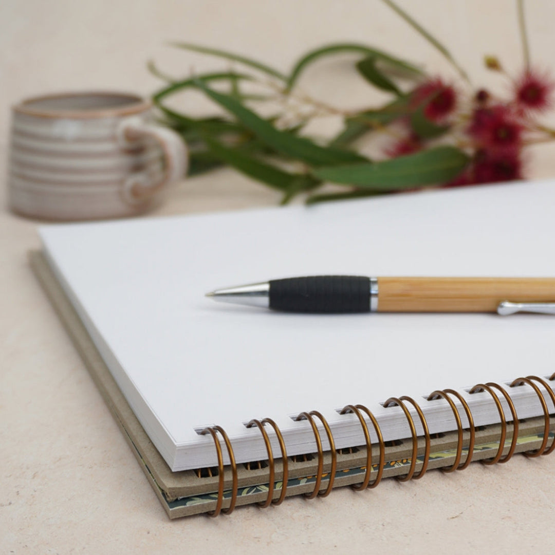Eco-friendly, Australian made A4 blank journal with sturdy front and back covers features intricate hand illustrated artwork by Australian artist Victoria McGrane. Carbon offset, with 10% of profits supporting native wildlife care.