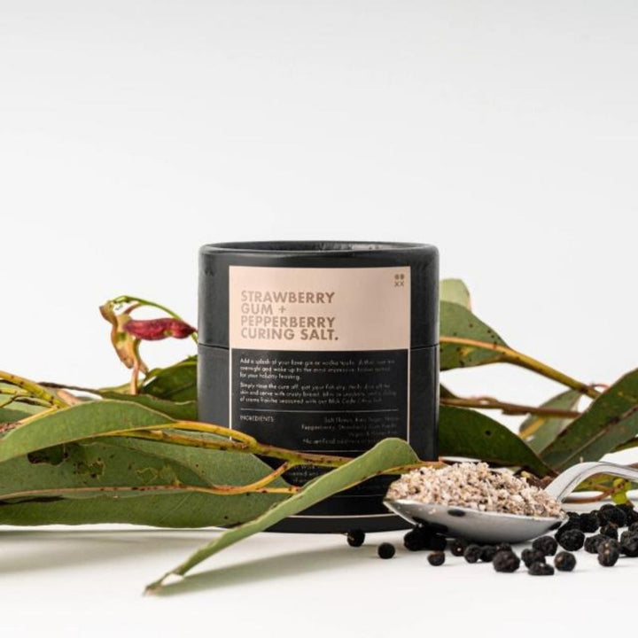 Two Good Co's 125g Strawberry Gum and Pepperberry Curing Salt, featuring native Australian ingredients. Vegan, gluten-free; empowers women through employment.