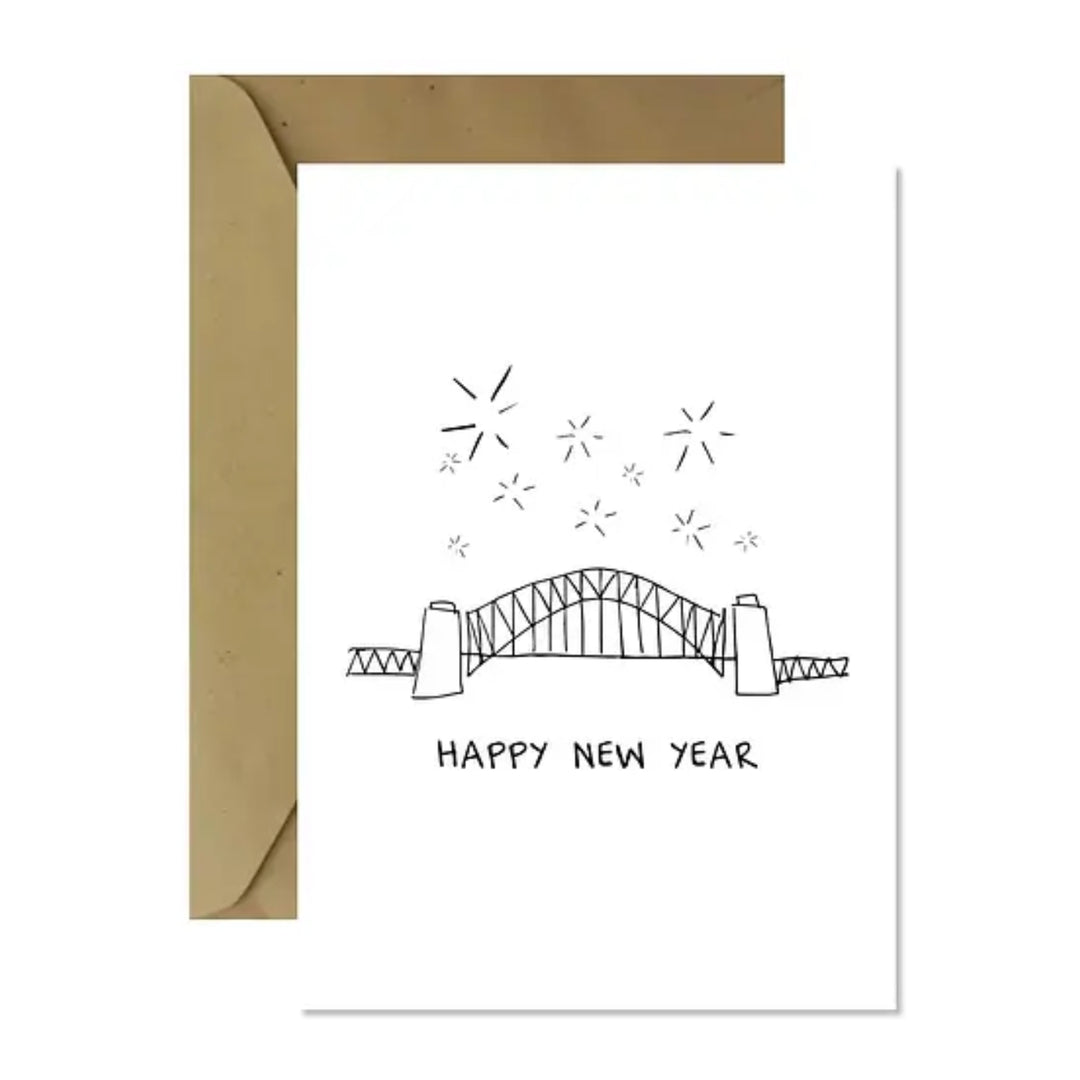 minimalist black and white greeting card, happy new year greeting card - harbour bridge cross fireworks