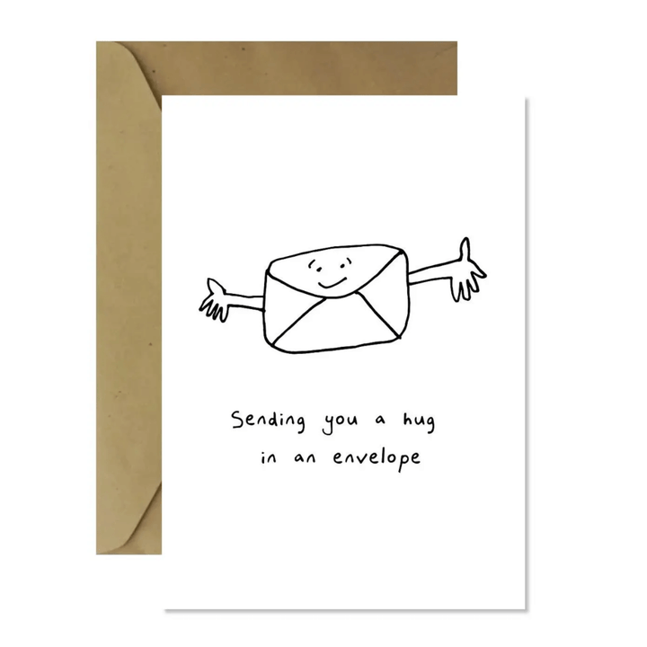 minimalist black and white greeting card, greeting card for friends - sending you a hug in an envelope