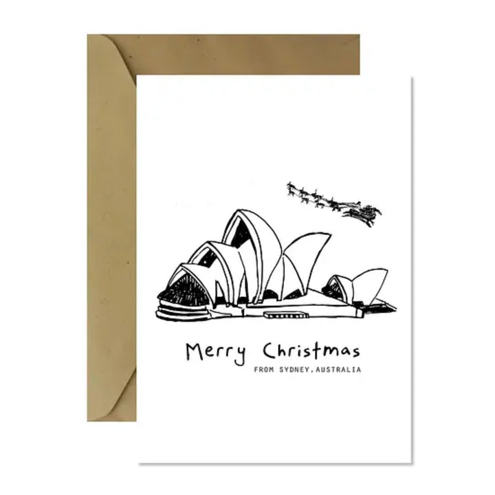 minimalist black and white greeting card, christmas greeting card - merry christmas from sydney australia, sydney opera house