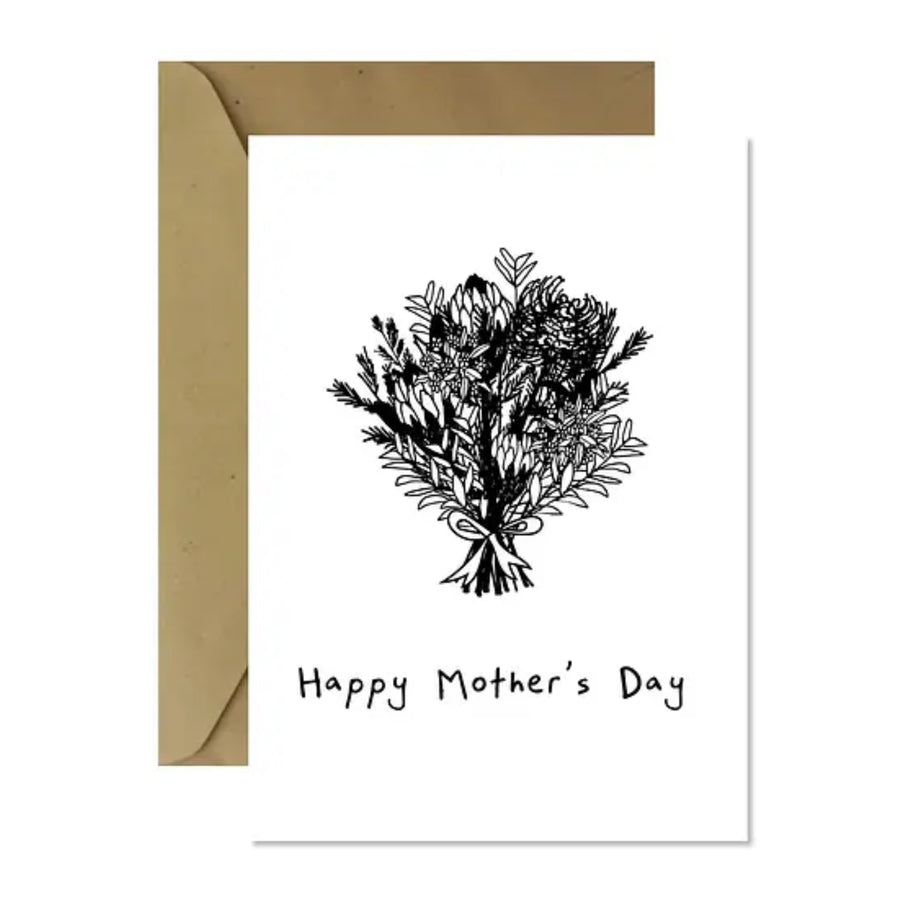 minimalist black and white mother's day greeting card, mother's day greeting card with buoquet of flowers