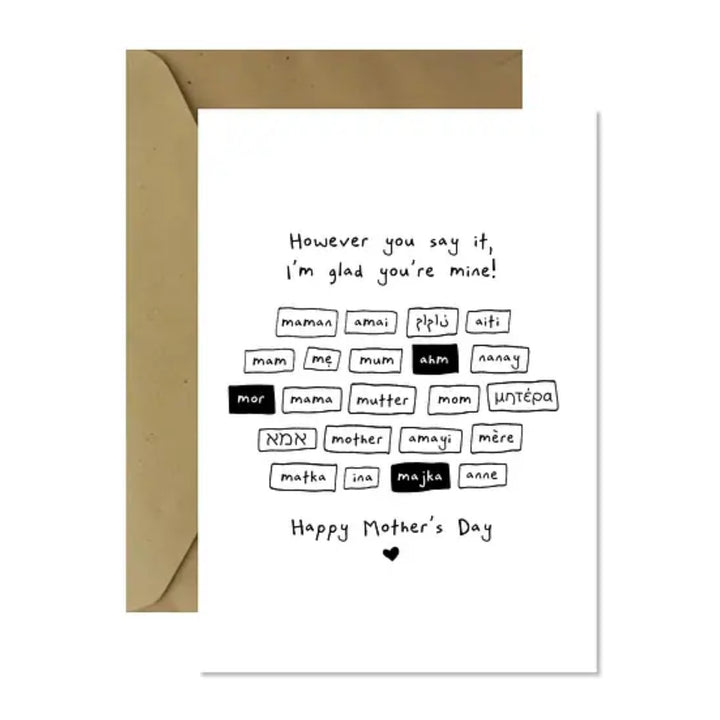 minimalist black and white mother's day greeting card, mother's day greeting card - mum in different languages