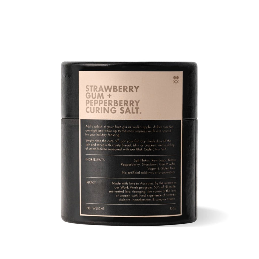 Two Good Co's 125g Strawberry Gum and Pepperberry Curing Salt, featuring native Australian ingredients. Vegan, gluten-free; empowers women through employment.