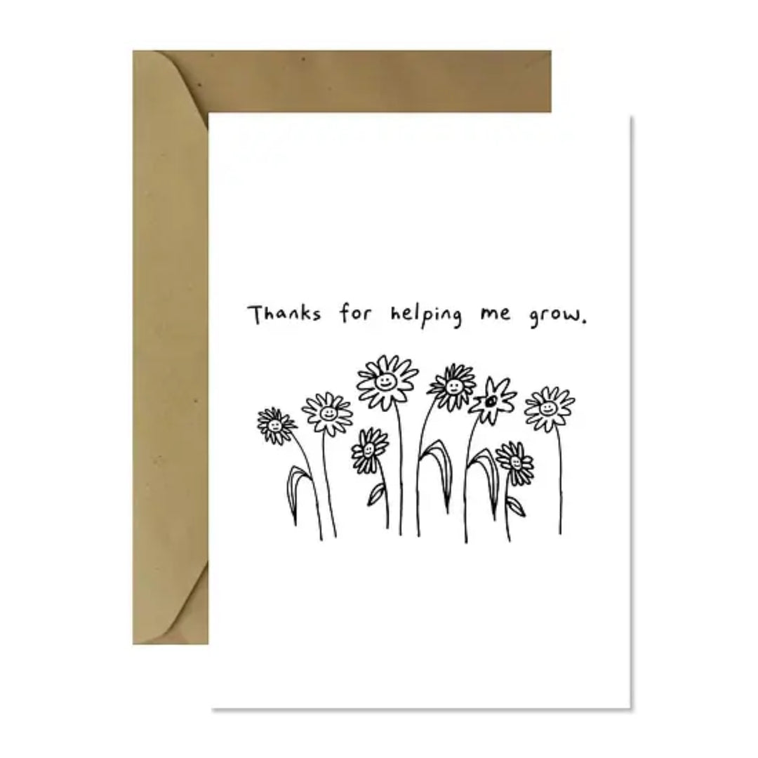 minimalist black and white greeting card, thank you card, fun greeting card with flowers - thanks for helping me grow
