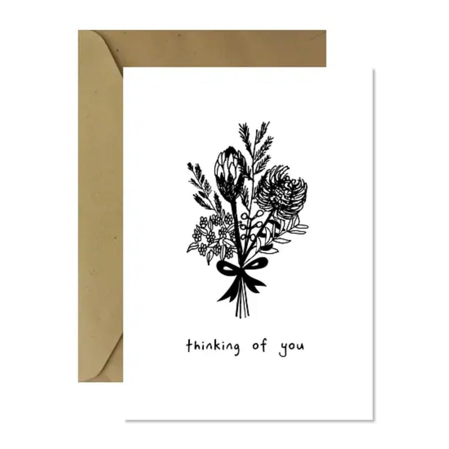 minimalist black and white greeting card, thinking of you card with flowers