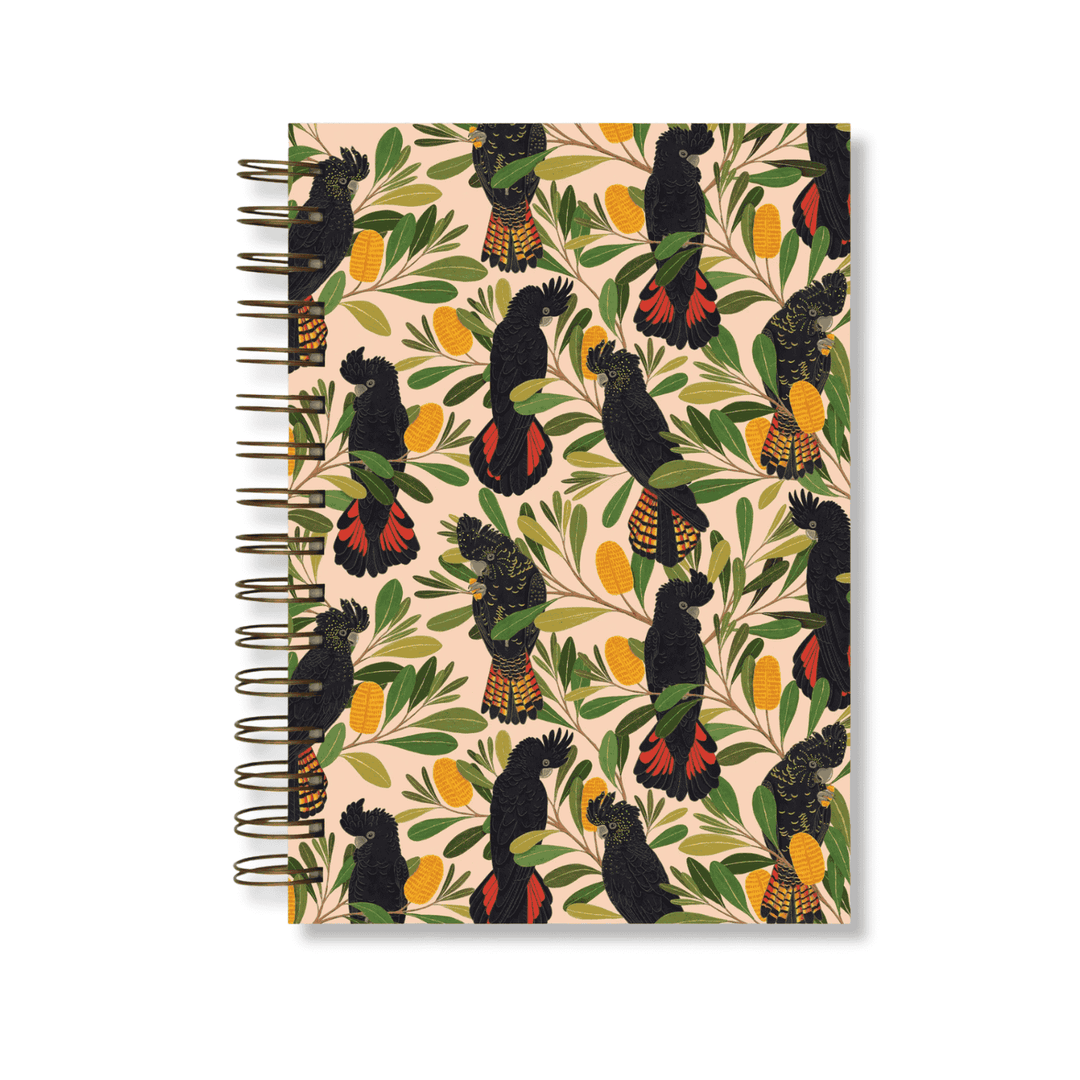 A5 Journal (Lined) - Cockatoos & Banksia. Eco Friendly, Australian Made Lined A5 Journal
Be inspired to pen your thoughts, dreams and stories inside this chunky spiral bound journal. It contains 200 lined pages within a super sturdy hard cover, which features inspiring native flora and fauna artwork by Australian artist Negin Maddock. 
