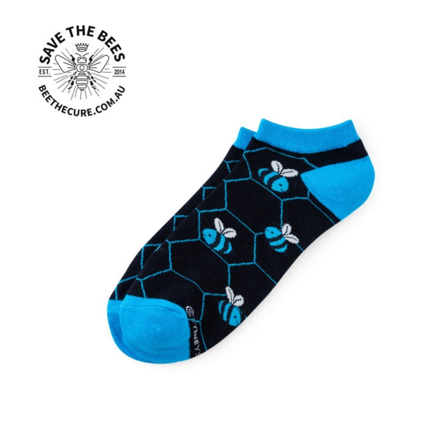 Sydney Sock Project - Blue Banded Bee Ankle Sock. With every Sydney Sock Project pair, you support charities creating real change for people and the planet—ethical, impactful, and made to make a difference.