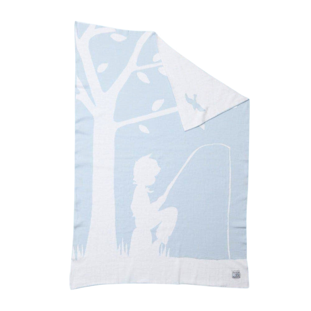 Beauty's Got Soul Cotton Bassinet Blanket (70 x 100cm) in soft blue and white, featuring a serene fishing scene design. Ethically made from premium cotton, this cozy and breathable blanket is perfect for newborns. A socially conscious purchase supporting community initiatives.