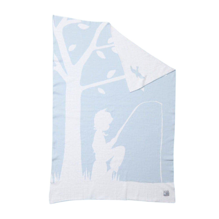 Beauty's Got Soul Cotton Bassinet Blanket (70 x 100cm) in soft blue and white, featuring a serene fishing scene design. Ethically made from premium cotton, this cozy and breathable blanket is perfect for newborns. A socially conscious purchase supporting community initiatives.