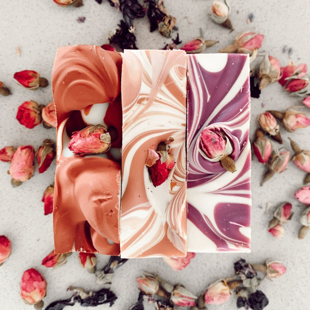 Roses Are Red Soap by The Soap Bar with rose geranium essential oil, red clay and rose buds, handmade natural soap bar for gentle skin cleansing.