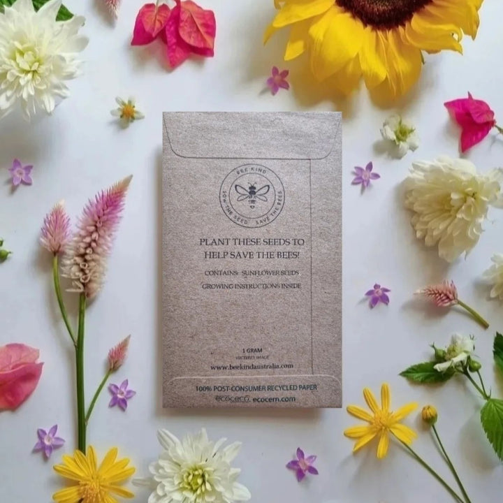 Sunflower seed greeting card surrounded by flowers, plantable sunflower seed gift card