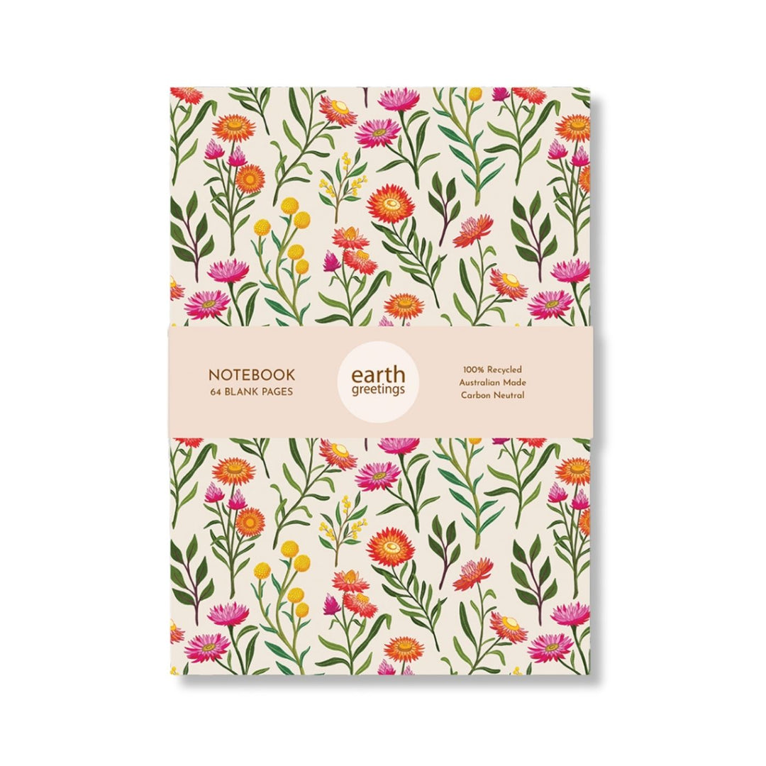 Eco Friendly, Australian made, blank A5 notebook
100% recycled, Earth friendly blank notebook featuring Australian native floral illustrations by Australian artist Negin Maddock.