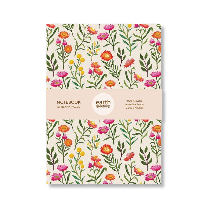 Eco Friendly, Australian made, blank A5 notebook
100% recycled, Earth friendly blank notebook featuring Australian native floral illustrations by Australian artist Negin Maddock.