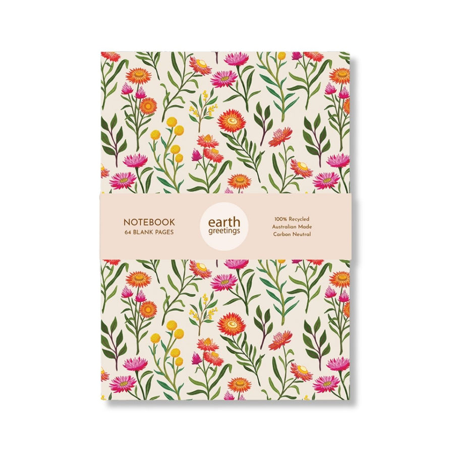 Eco Friendly, Australian made, blank A5 notebook
100% recycled, Earth friendly blank notebook featuring Australian native floral illustrations by Australian artist Negin Maddock.