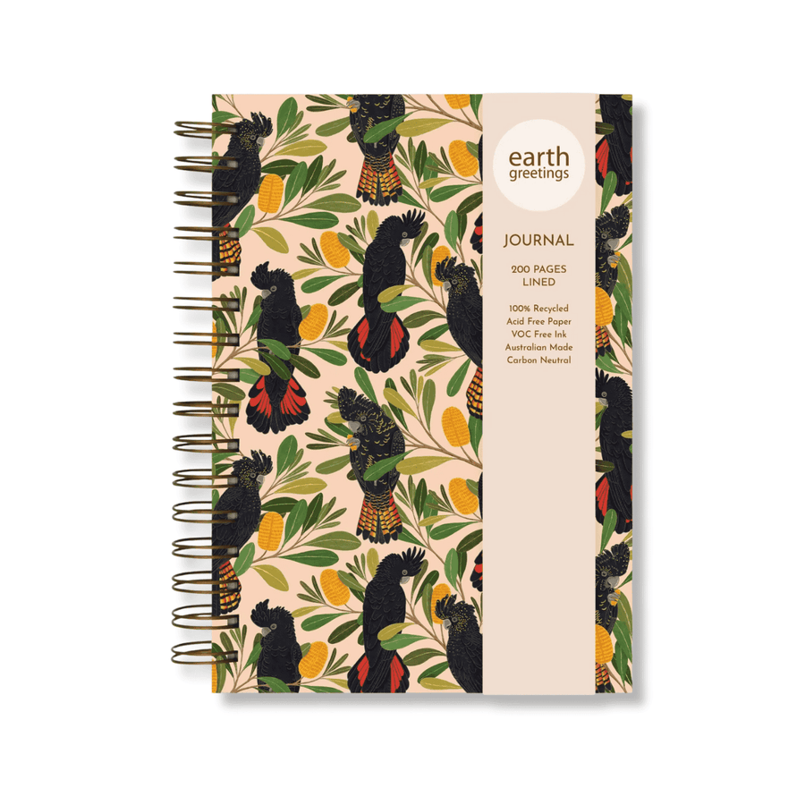 A5 Journal (Lined) - Cockatoos & Banksia. Eco Friendly, Australian Made Lined A5 Journal
Be inspired to pen your thoughts, dreams and stories inside this chunky spiral bound journal. It contains 200 lined pages within a super sturdy hard cover, which features inspiring native flora and fauna artwork by Australian artist Negin Maddock. 