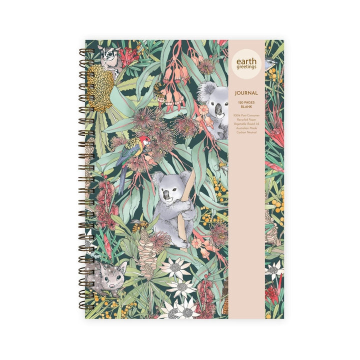 Eco-friendly, Australian made A4 blank journal with sturdy front and back covers features intricate hand illustrated artwork by Australian artist Victoria McGrane. Carbon offset, with 10% of profits supporting native wildlife care.