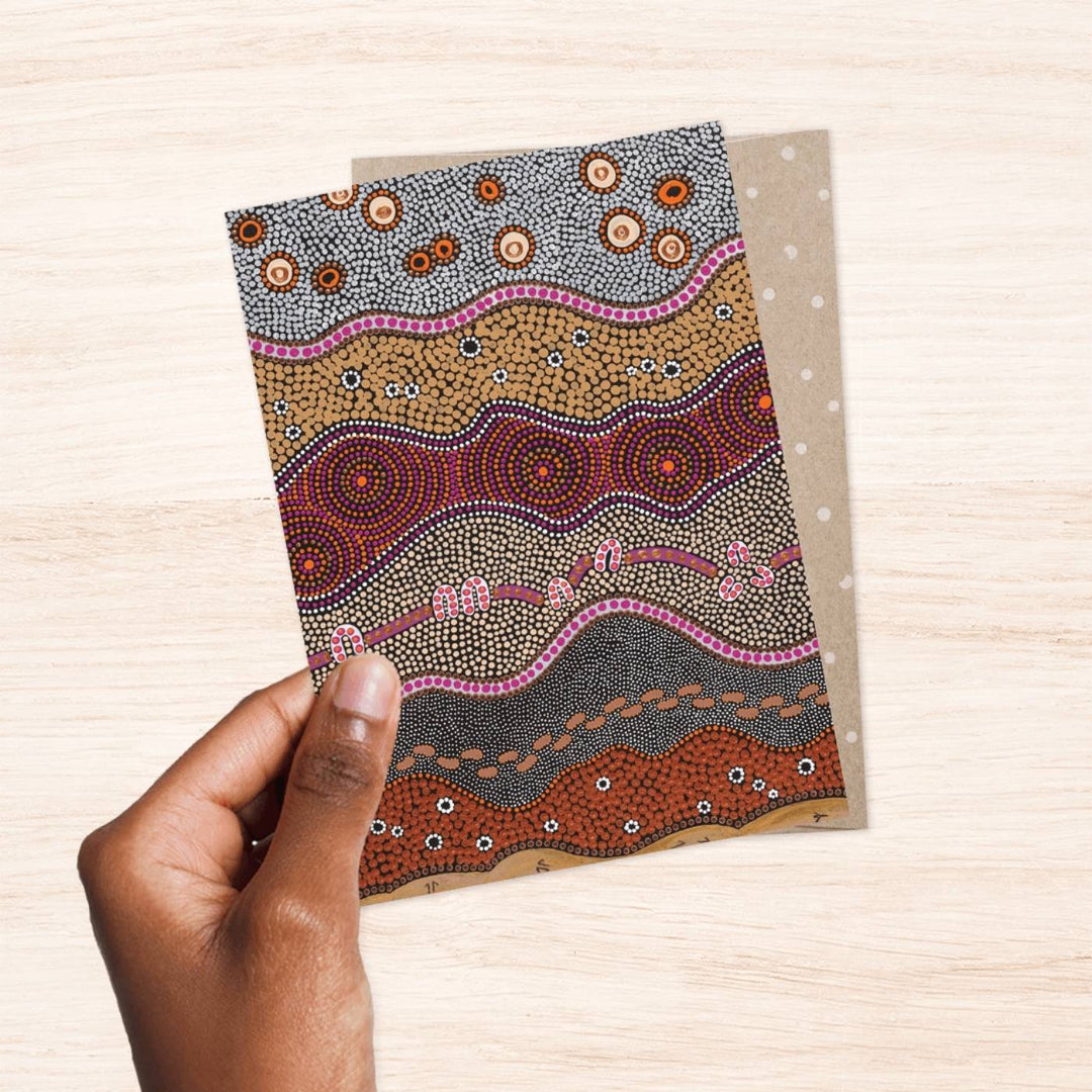 Eco friendly, 100% recycled, Australian made Aboriginal Art card featuring artwork that fuses vibrant colours with traditional forms by contemporary Aboriginal artist Domica Hill. The lifecycle of this product is carbon offset with an additional 10% of profit is donated to care for native wildlife and restore habitat. 