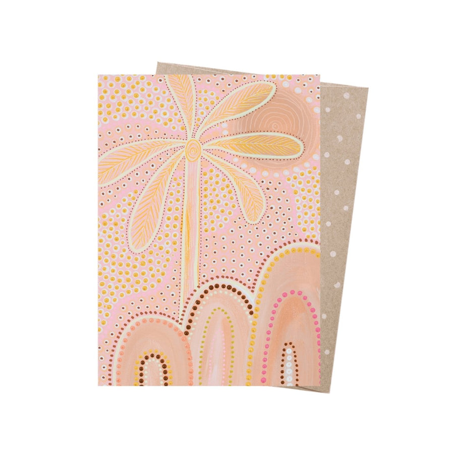 Eco friendly, 100% recycled, Australian made Aboriginal Art card featuring artwork that fuses vibrant colours with traditional forms by contemporary Aboriginal artist Domica Hill. The lifecycle of this product is carbon offset with an additional 10% of profit is donated to care for native wildlife and restore habitat.