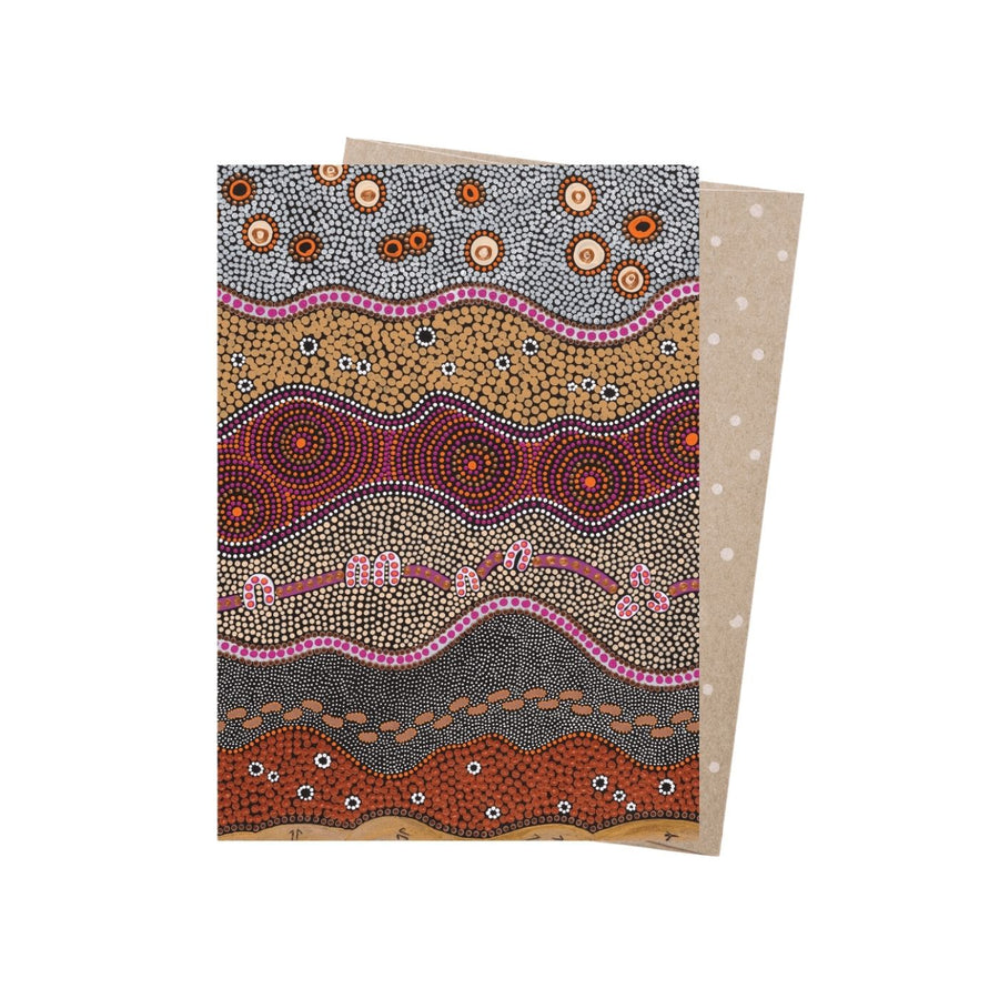Eco friendly, 100% recycled, Australian made Aboriginal Art card featuring artwork that fuses vibrant colours with traditional forms by contemporary Aboriginal artist Domica Hill. The lifecycle of this product is carbon offset with an additional 10% of profit is donated to care for native wildlife and restore habitat. 