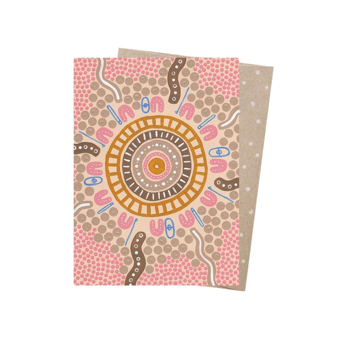 Eco friendly, 100% recycled, Australian made Aboriginal Art card featuring artwork that fuses vibrant colours with traditional forms by contemporary Aboriginal artist Ryhia Dank. The lifecycle of this product is carbon offset with an additional 10% of profit is donated to care for native wildlife and restore habitat. 