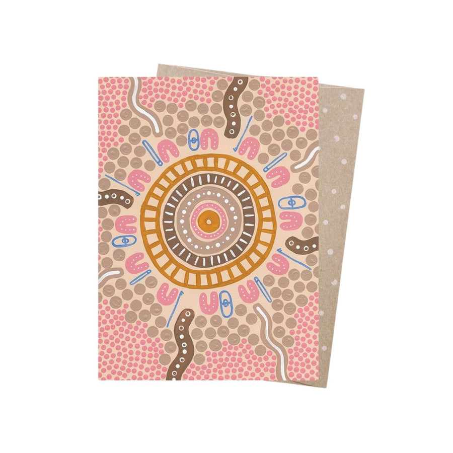 Eco friendly, 100% recycled, Australian made Aboriginal Art card featuring artwork that fuses vibrant colours with traditional forms by contemporary Aboriginal artist Ryhia Dank. The lifecycle of this product is carbon offset with an additional 10% of profit is donated to care for native wildlife and restore habitat. 
