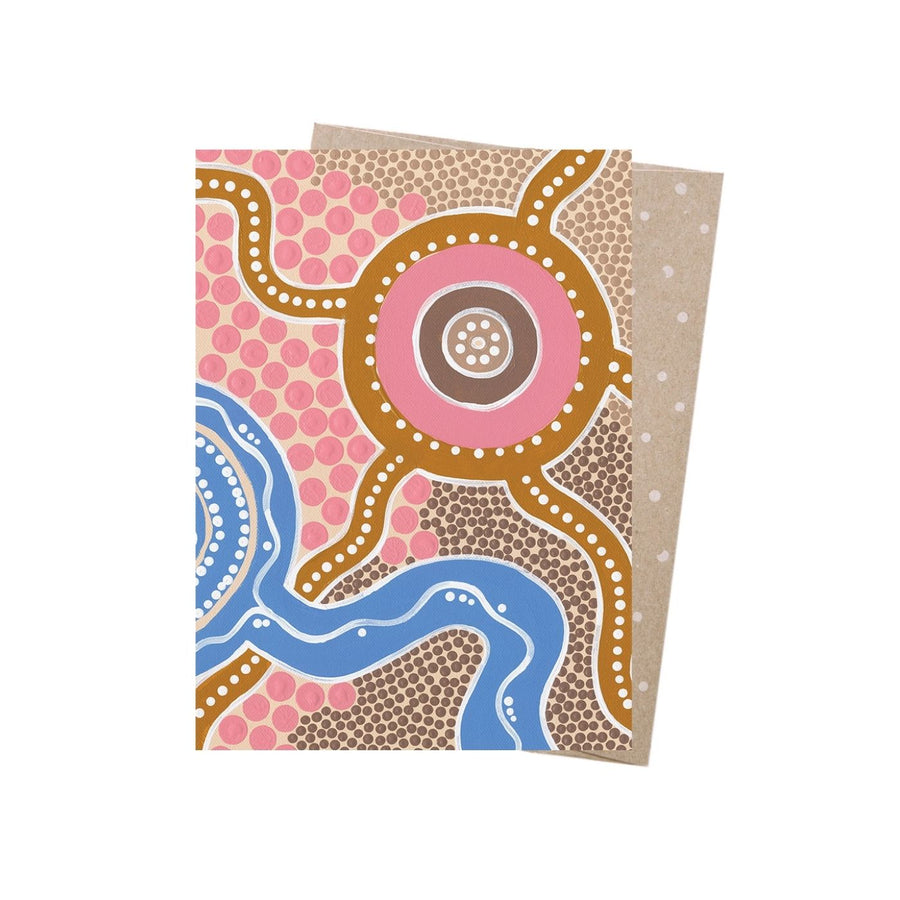 Eco friendly, 100% recycled, Australian made Aboriginal Art card featuring artwork that fuses vibrant colours with traditional forms by contemporary Aboriginal artist Ryhia Dank. The lifecycle of this product is carbon offset with an additional 10% of profit is donated to care for native wildlife and restore habitat.