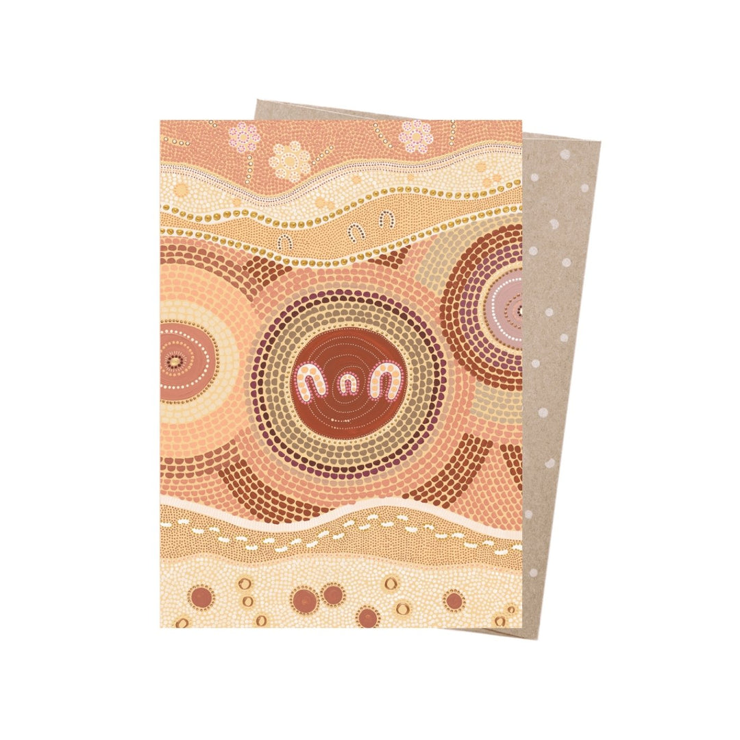 Eco friendly, 100% recycled, Australian made Aboriginal Art card featuring artwork that fuses vibrant colours with traditional forms by contemporary Aboriginal artist Domica Hill. The lifecycle of this product is carbon offset with an additional 10% of profit is donated to care for native wildlife and restore habitat. 