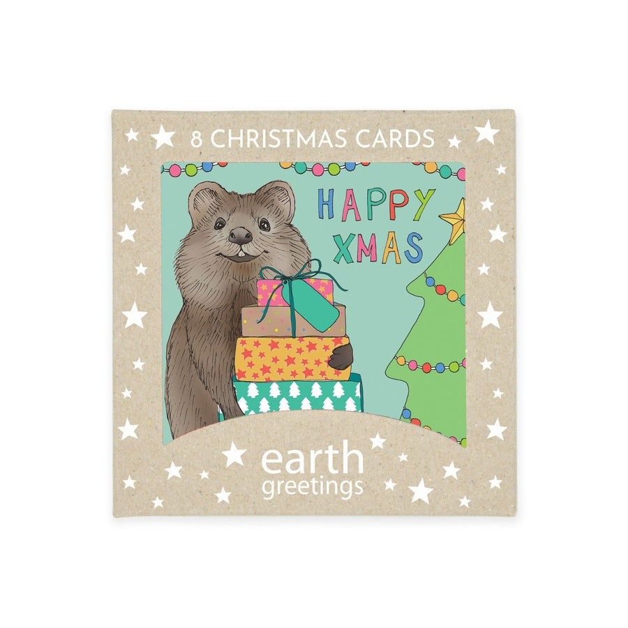 Eco friendly, 100% recycled, Australian made square Christmas cards. Includes 8 square Christmas cards with envelopes featuring Happy Quokka artwork by Australian artist Victoria McGrane. Carbon offset with 10% of profits aiding native wildlife.
