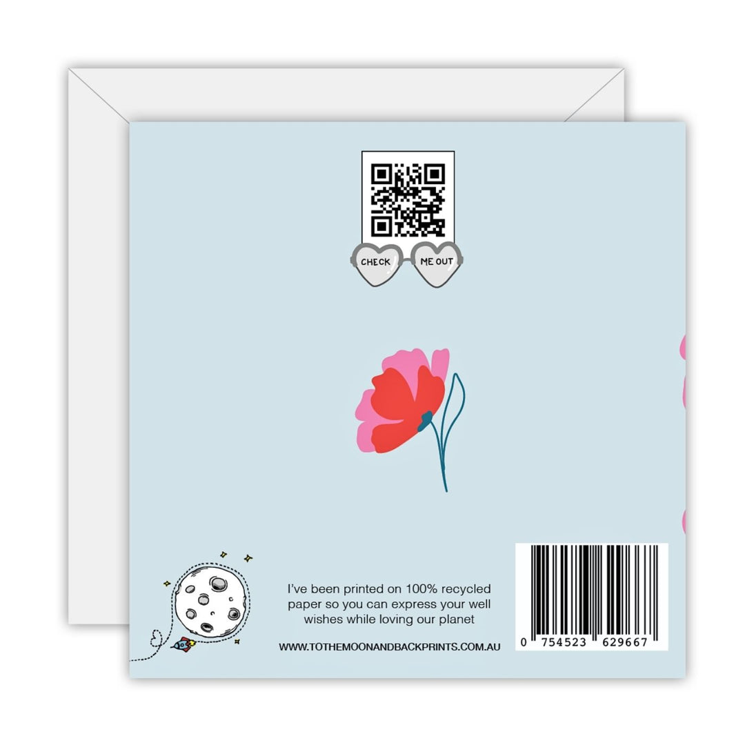 To The Moon and Back Prints Eco Friendly Greeting Card - Happy Birthday Red & Blue Floral. Celebrate in style with this bold floral birthday card. Printed on recycled paper with 5% donated to Beyond Blue to support mental health in Australia.