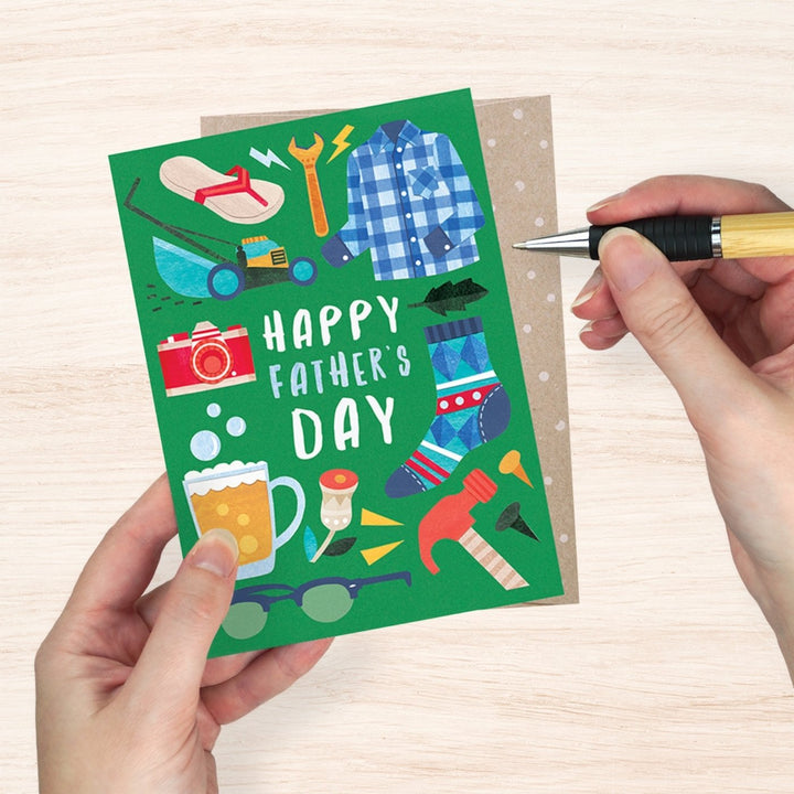 100% recycled, Australian made eco greeting card by Earth Greetings Dad Things featuring folk art inspired designs by Australian artist Andrea Smith. Make Dad feel wonderful on his special day with this earth-friendly card.