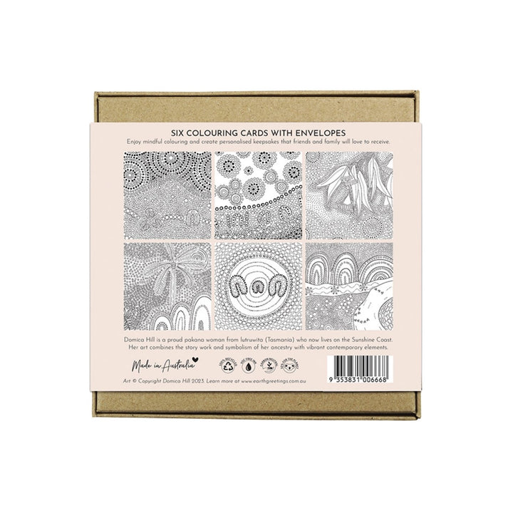 Earth Greetings Colouring Cards Pack - First Nations Art. Each boxed set contains 6 x large 145mm square greeting cards to colour, featuring Aboriginal artwork by First Nations artist, Domica Hill. The cards are blank inside for your personal message. Create personalised keepsakes that friends and family will love to receive. 
