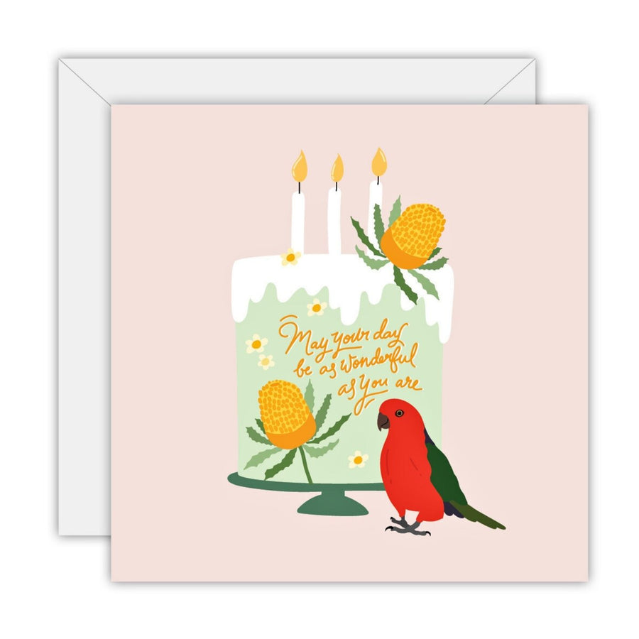 Eco Friendly Greeting Card - Happy Birthday - King Parrot. Australian birthday card featuring a king parrot, cake, and banksias. A vibrant, nature-inspired design for a joyful celebration.

Printed on recycled paper. 5% of proceeds support Beyond Blue’s mental health initiatives.