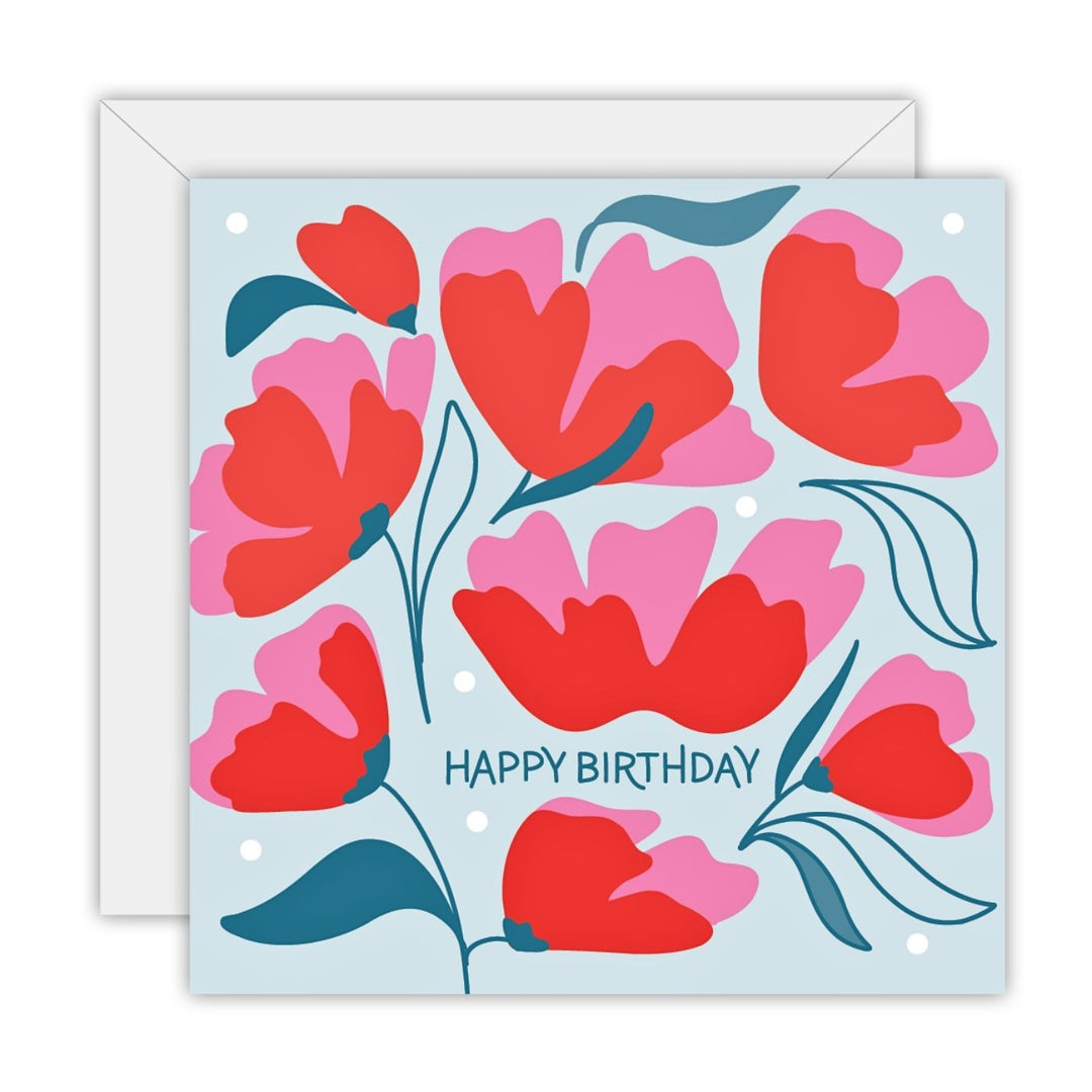 To The Moon and Back Prints Eco Friendly Greeting Card - Happy Birthday Red & Blue Floral. Celebrate in style with this bold floral birthday card. Printed on recycled paper with 5% donated to Beyond Blue to support mental health in Australia.