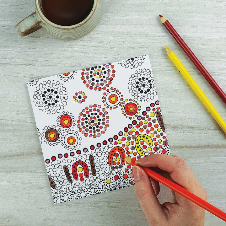 Earth Greetings Colouring Cards Pack - First Nations Art. Each boxed set contains 6 x large 145mm square greeting cards to colour, featuring Aboriginal artwork by First Nations artist, Domica Hill. The cards are blank inside for your personal message. Create personalised keepsakes that friends and family will love to receive. 