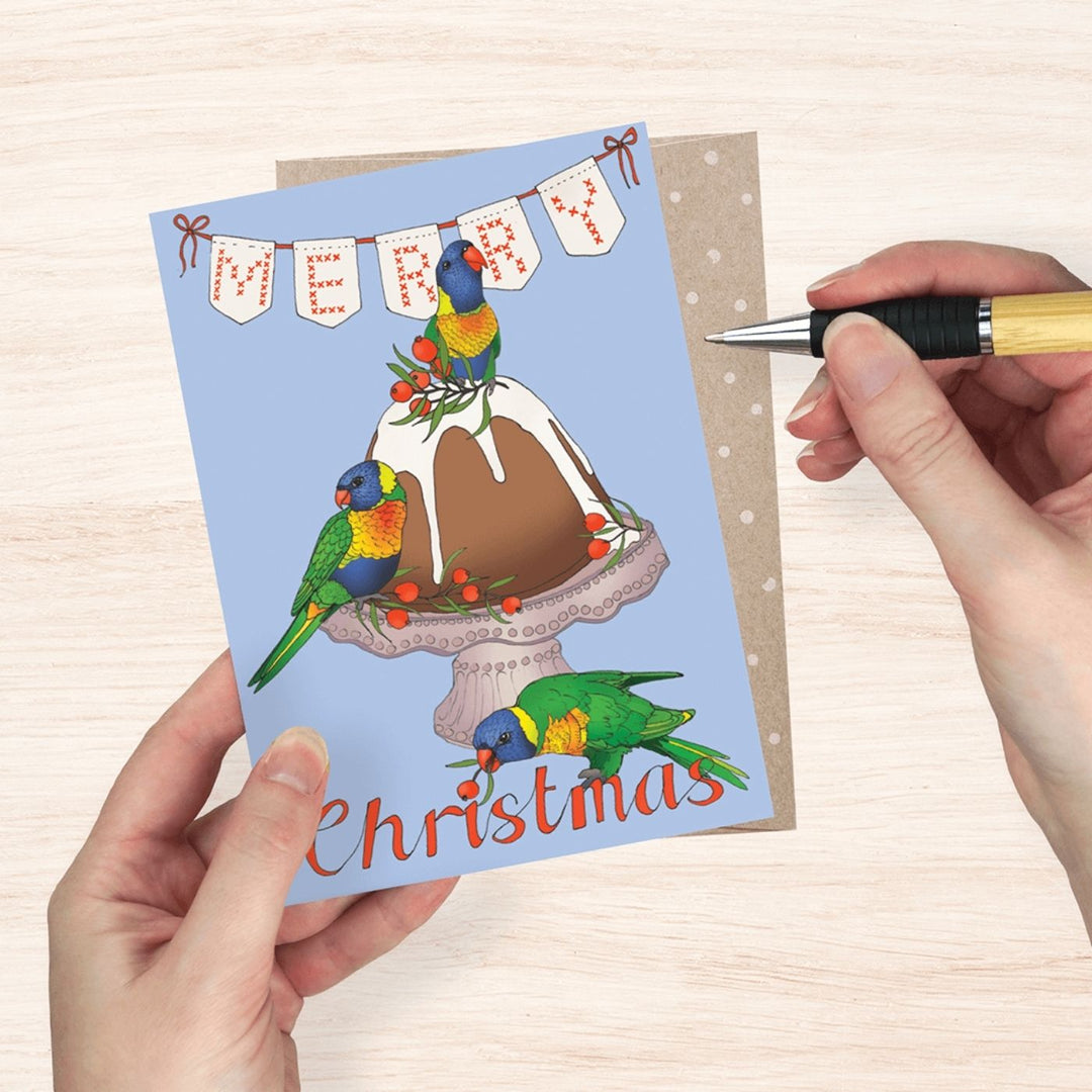 Eco friendly, 100% recycled, Australian made recycled Christmas card featuring Victoria McGrane's unique hand illustrated designs. Blank inside giving you all the space you need for your special message. 