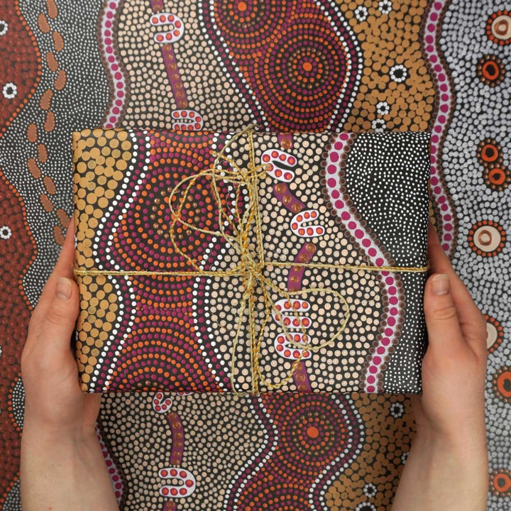 Eco friendly, 100% recycled wrapping paper featuring Domica Hill's art. Carbon neutral with 10% of profits aiding native wildlife and habitat.