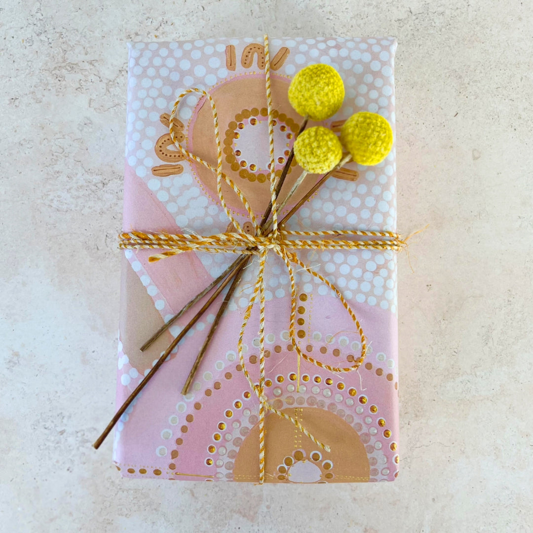 Eco friendly, 100% recycled, Australian made wrapping paper featuring stunning artwork by contemporary Australian Aboriginal artist Natalie Jade. Carbon offset, with 10% of profits aiding native wildlife.