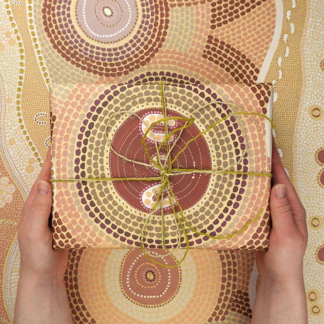 Eco-friendly, 100% recycled, folded wrapping paper featuring Domica Hill's art. Australian made, carbon neutral with 10% of profits aiding native wildlife and habitat.