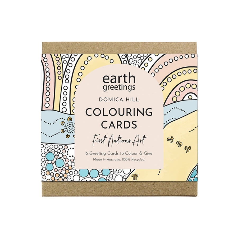 Earth Greetings Colouring Cards Pack - First Nations Art. Each boxed set contains 6 x large 145mm square greeting cards to colour, featuring Aboriginal artwork by First Nations artist, Domica Hill. The cards are blank inside for your personal message. Create personalised keepsakes that friends and family will love to receive. 