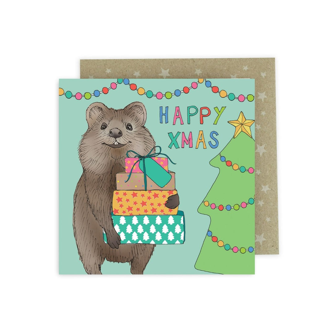 Eco friendly, 100% recycled, Australian made square Christmas cards. Includes 8 square Christmas cards with envelopes featuring Happy Quokka artwork by Australian artist Victoria McGrane. Carbon offset with 10% of profits aiding native wildlife.
