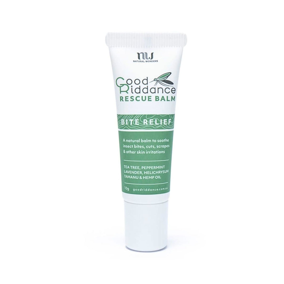 Good Riddance Rescue Balm 10g tube, labelled “Bite Relief” with natural ingredients including tea tree, peppermint, lavender, helichrysum, tamanu and hemp oil. Designed to soothe insect bites, cuts, scrapes, and skin irritations.