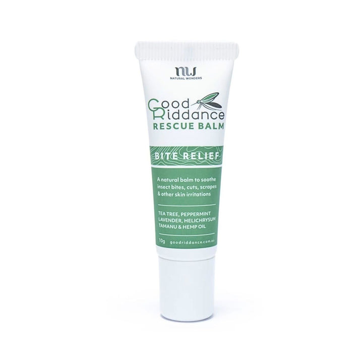 Good Riddance Rescue Balm 10g tube, labelled “Bite Relief” with natural ingredients including tea tree, peppermint, lavender, helichrysum, tamanu and hemp oil. Designed to soothe insect bites, cuts, scrapes, and skin irritations.