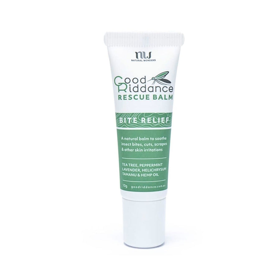 Good Riddance Rescue Balm 10g tube, labelled “Bite Relief” with natural ingredients including tea tree, peppermint, lavender, helichrysum, tamanu and hemp oil. Designed to soothe insect bites, cuts, scrapes, and skin irritations.