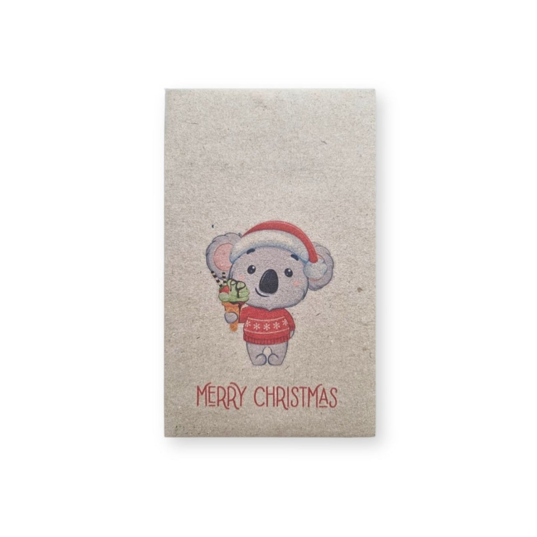 Christmas Koala seed card with koala in Santa hat holding ice cream, Merry Christmas text, styled with flowers on a white background