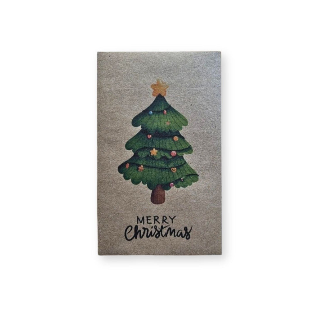 Eco-friendly Christmas seed card with Christmas tree design surrounded by flowers, plantable wildflower card on white background.